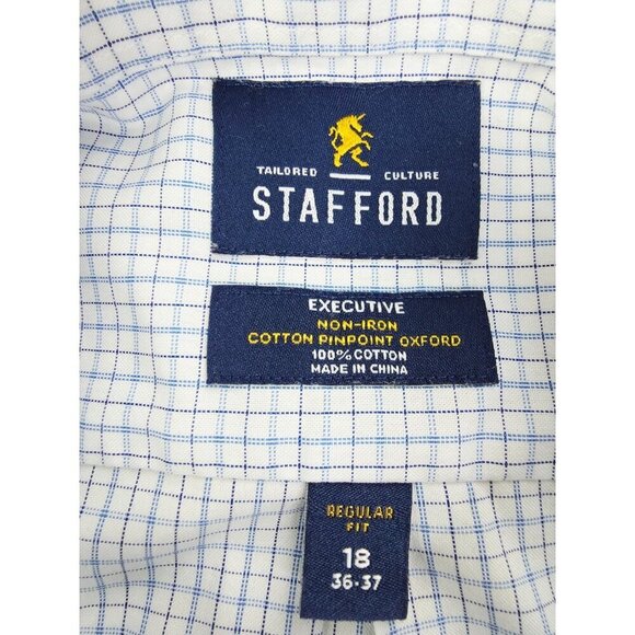 Stafford Regular Fit 18 36-37 White Black Blue Check Button Down Executive Shirt - Picture 4 of 9
